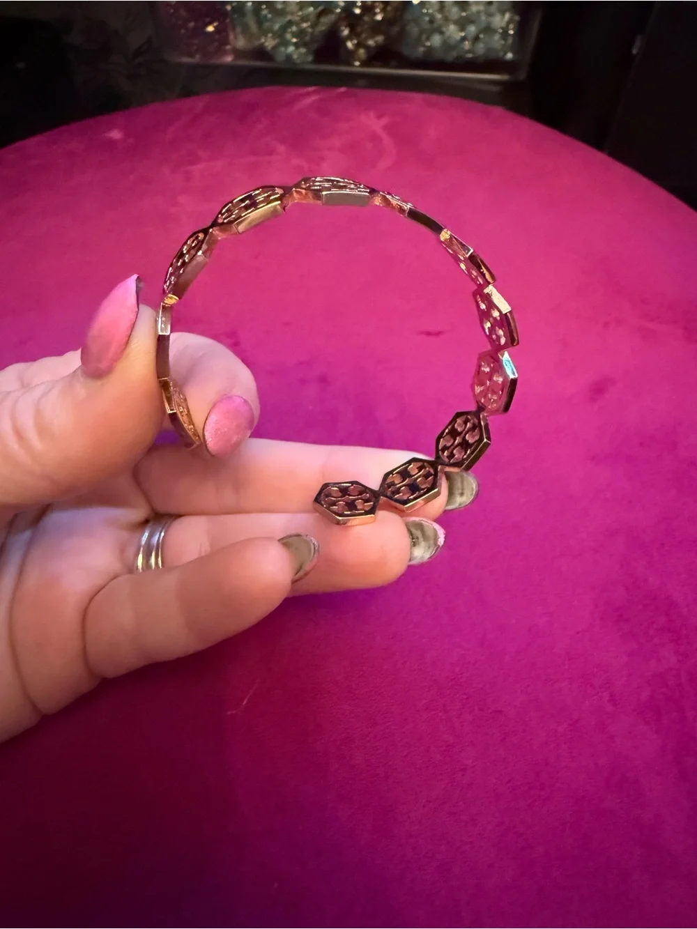 Tory Burch Rose Gold Hexagon Logo Cuff Bracelet - Picture 2 of 4